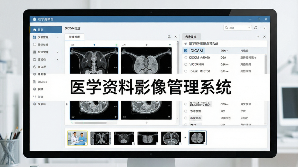 主体为医学资料影像管理系统的软件界面展示图,屏幕中显示医学影像浏览窗口与患者列表,布局清晰,左侧为导航栏,右侧为影像预览区域,排版整洁,风格为现代扁平化设计,细节包括DICOM标签信息与缩略图栏,画质高清干净,无多余元素,屏幕中央显示“医学资料影像管理系统”字样