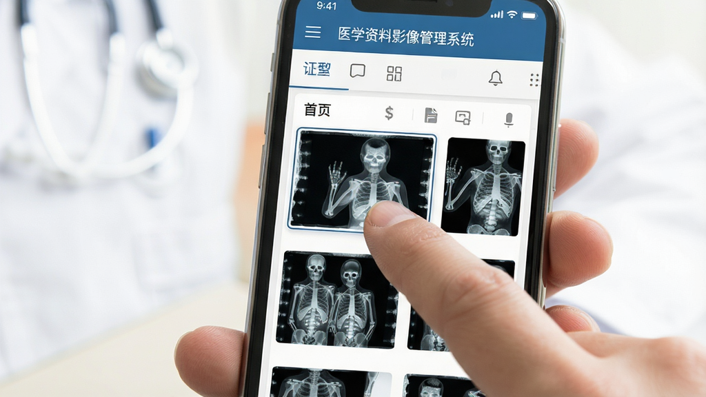 手机屏幕显示医学资料影像管理系统的移动端界面,医生用手指点击影像缩略图,主体为手持手机的特写,布局为中心构图,排版简洁,风格写实,细节包括屏幕中的菜单栏与影像预览,画质干净明亮,无多余元素,屏幕上方显示“医学资料影像管理系统”