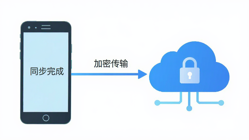 主体:锐视云瞳云端同步示意图,手机与云端服务器之间数据流动。布局:手机在左侧,云端图标在右侧,连线标注“加密传输”。排版:图标简洁,连线清晰。风格:扁平化设计,科技感强。细节:云端图标带锁形标记,手机屏幕显示“同步完成”。画质:高清,干净,无多余元素。