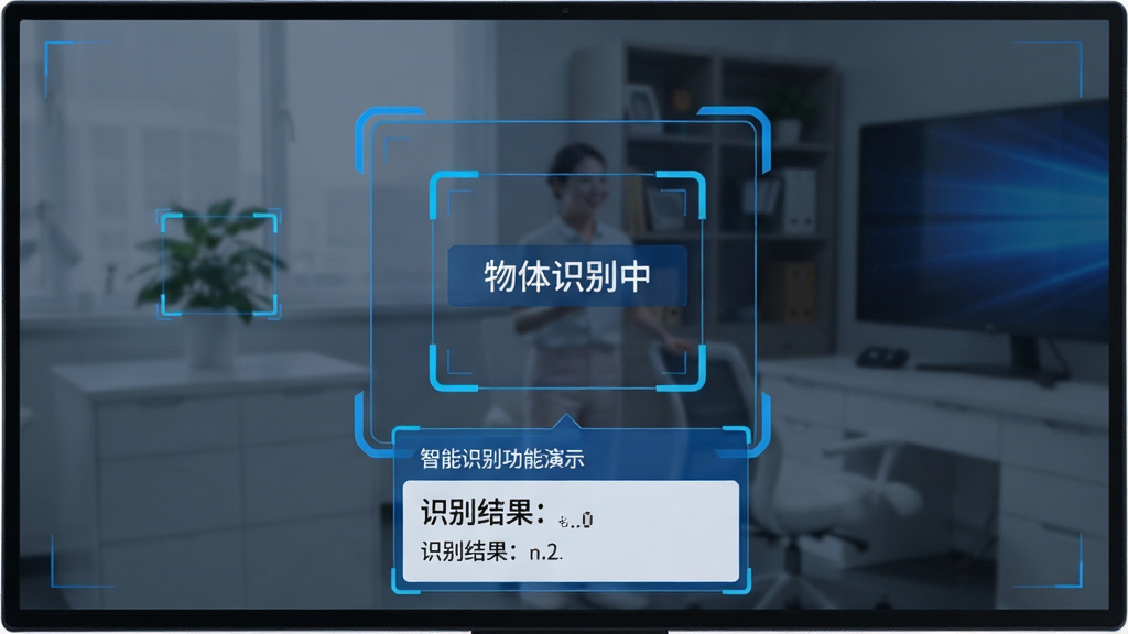 主体:锐视云瞳智能识别功能演示,屏幕中显示识别框标记出物体并弹出信息卡片。布局:识别框居中,信息卡片位于下方。排版:信息卡片文字清晰,识别框线条流畅。风格:科技蓝为主色调,简洁明快。细节:识别框内有“物体识别中”字样,卡片显示识别结果。画质:细节丰富,干净整洁,无多余元素。