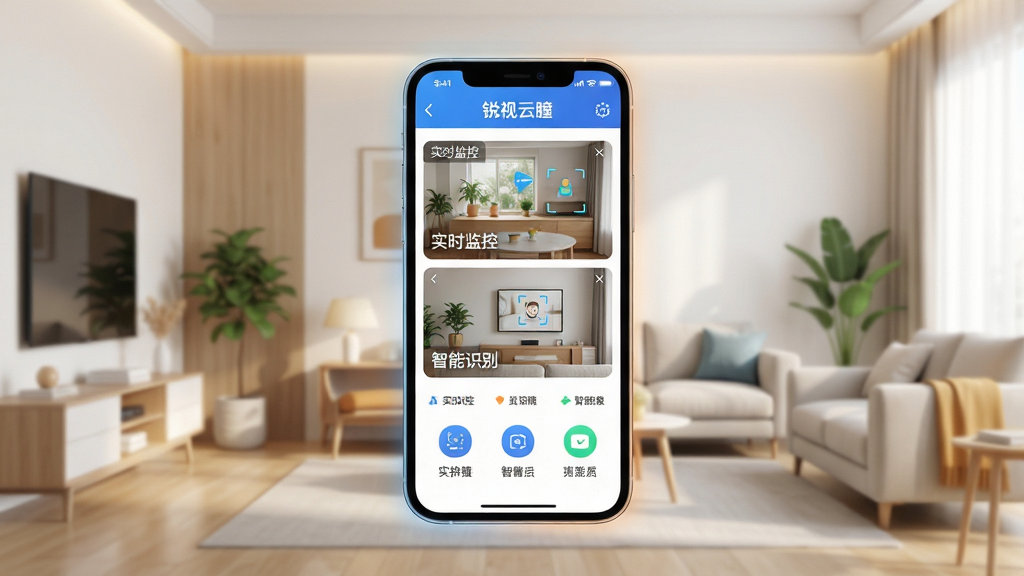 主体:锐视云瞳App界面展示,手机屏幕中显示智能识别场景,背景为现代简约家居环境。布局:手机居中,屏幕内容清晰可见,周围留白。排版:界面元素排列有序,功能图标清晰。风格:科技感与温馨感结合,色彩明亮。细节:屏幕中展示“实时监控”、“智能识别”等字样,手机边缘有柔和光影。画质:高清渲染,干净,无多余元素。
