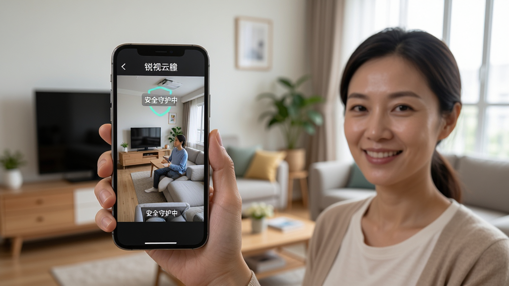 主体:锐视云瞳使用场景,用户手持手机查看实时画面,背景为家庭客厅。布局:人物在画面右侧,手机屏幕正对镜头。排版:手机屏幕显示监控画面,清晰可见。风格:生活化,自然光线。细节:屏幕中显示“安全守护中”字样,用户面带微笑。画质:高清,干净,无多余元素。
