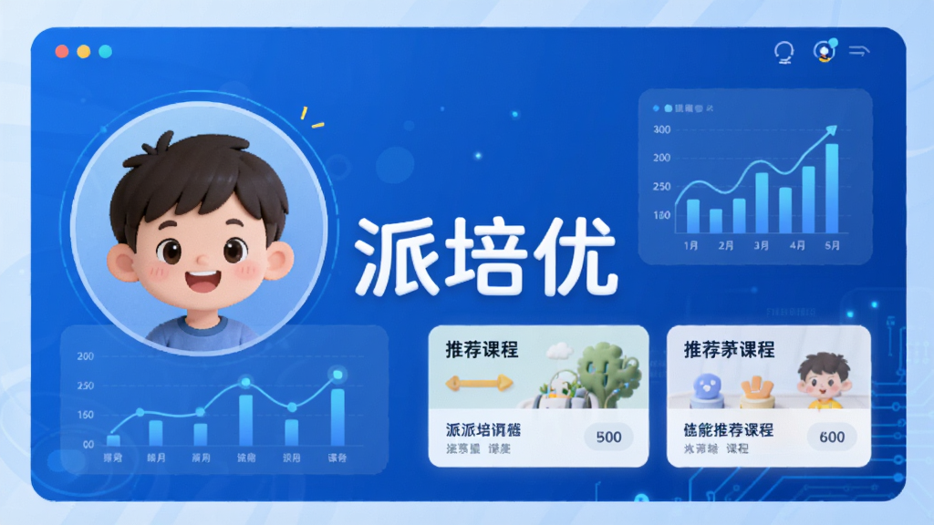 派培优AI智能学习路径示意图,界面展示一个儿童头像,旁边有数据图表和推荐课程卡片,背景是简洁的科技感蓝色调,画面中央有“派培优”字样,布局清晰,风格现代,画质干净