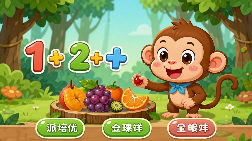 派培优趣味动画课程截图,画面中有一个卡通小猴子在分水果,旁边有数字和加法符号,背景是森林场景,界面下方有互动按钮,整体色彩鲜艳,风格卡通,画质清晰