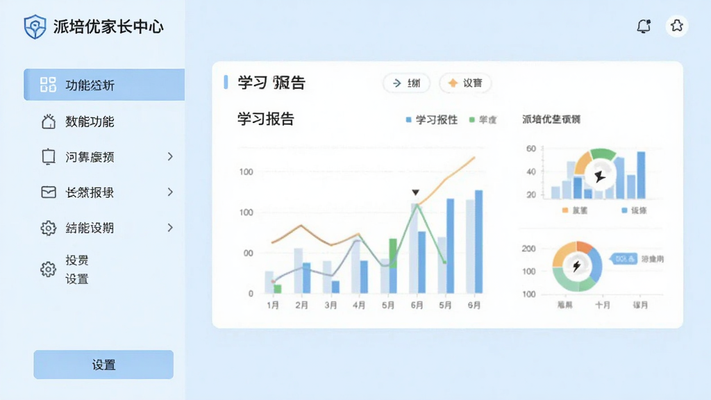 派培优家长中心界面展示,背景为淡蓝色,左侧是功能菜单,右侧是学习报告图表,下方有“设置”按钮,整体布局简洁,风格清爽,画质干净