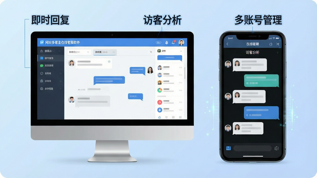 一张现代科技感的主视觉图,画面主体为电脑屏幕与手机屏幕并排展示“网站多客宝在线客服软件”的对话界面,左侧屏幕显示客服工作台,右侧手机显示访客对话气泡,背景为淡蓝色渐变,布局干净,文字标签清晰标注“即时回复”“访客分析”“多账号管理”,整体风格扁平化,画质高清,干净无多余元素