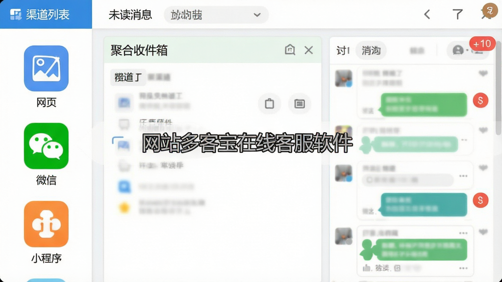 一张工作台界面截图风格图片,中间是“网站多客宝在线客服软件”的聚合收件箱,左侧为渠道列表图标(网页、微信、小程序),右侧为对话窗口,顶部有未读消息数字角标,整体布局清晰,色彩明快,扁平化设计,画质干净