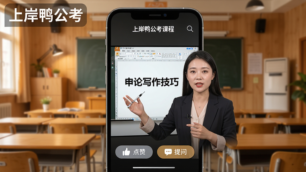 一张展示“上岸鸭公考”直播课程的图片,主体为手机屏幕,屏幕中正在播放一位女老师的直播课,画面中老师对着镜头讲解PPT,PPT上写有“申论写作技巧”字样,屏幕下方有“点赞”和“提问”按钮,背景为暖色调教室风格,画面清晰,细节丰富,无多余元素