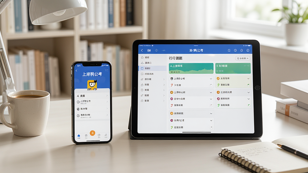 一张展示“上岸鸭公考”使用场景的图片,主体为一张书桌,桌面上摆放着手机和平板电脑,手机屏幕显示“上岸鸭公考”的“我的”页面,平板屏幕显示行测刷题界面,桌角放着一杯咖啡和笔记本,背景为明亮的书房,风格写实,光线柔和,画质清晰,细节丰富,无多余元素