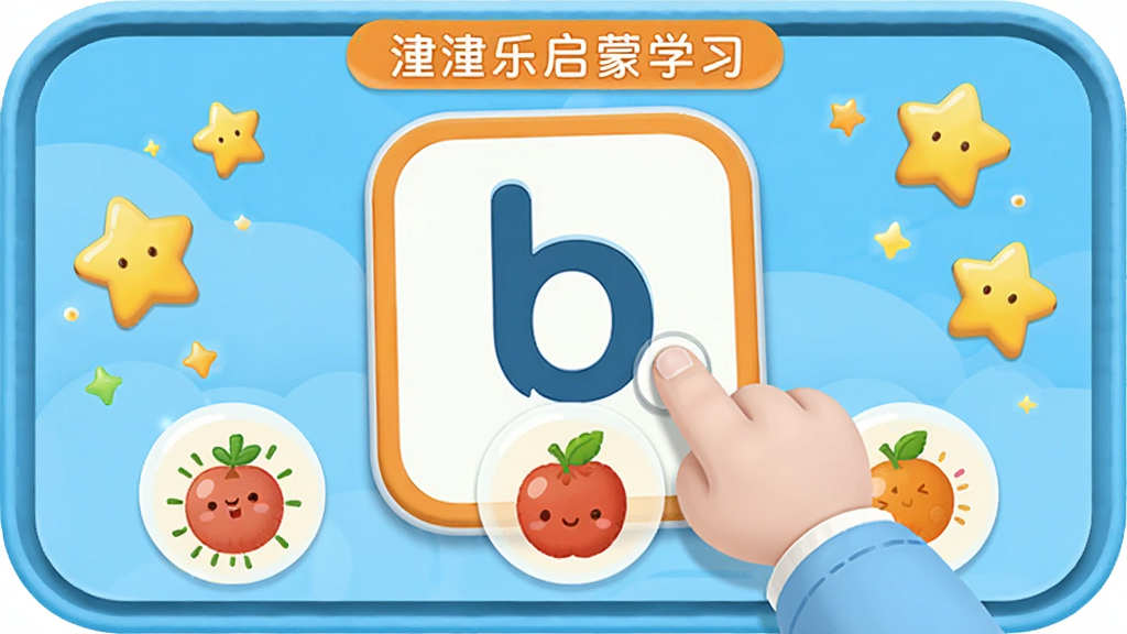 潼潼乐启蒙学习软件中拼音学习板块的互动界面,中心是一个大大的拼音字母卡片,孩子的小手正在拖拽字母到对应的水果图案上,屏幕四周有欢呼的星星特效,界面采用圆角卡片设计,颜色以天蓝色和橙色为主,画质干净清晰,无多余文字