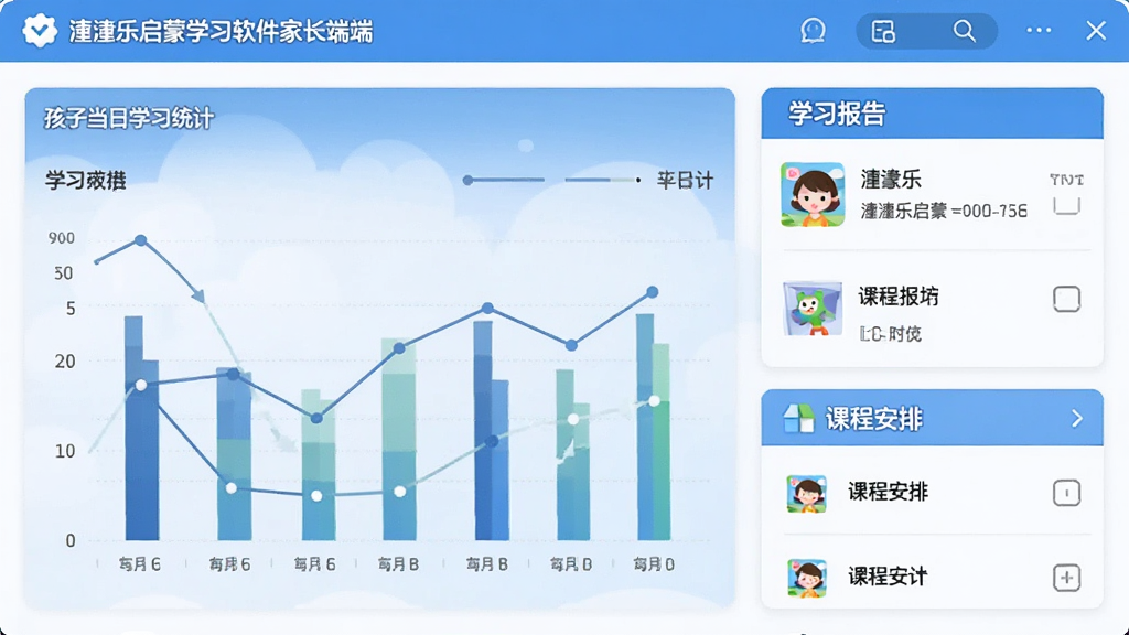 潼潼乐启蒙学习软件家长端界面截图,左侧显示孩子当日学习统计图表,右侧有学习报告和课程安排列表,界面以蓝色和白色为主色调,风格简约清爽,图表数据清晰可读,整体布局专业规整,画质高清,无多余元素