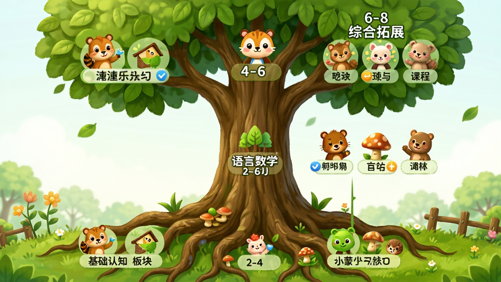 潼潼乐启蒙学习软件的分龄学习路径展示图,画面以一棵大树为轴,树根处是2-4岁的基础认知板块,树干处是4-6岁的语言数学板块,树冠处是6-8岁的综合拓展板块,每个板块都有对应的小动物图标和课程名称,整体为绿色自然风格,布局清晰,画质细腻,无多余元素