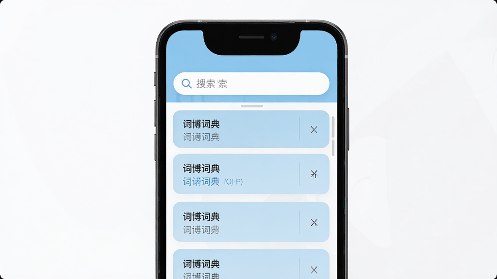 词博词典主界面展示,手机屏幕占据画面中心,界面风格简洁清爽,上方为搜索框,下方为清晰的词条释义卡片列表,整体布局以浅蓝色和白色为主色调,扁平化设计风格,高清画质,干净无多余元素