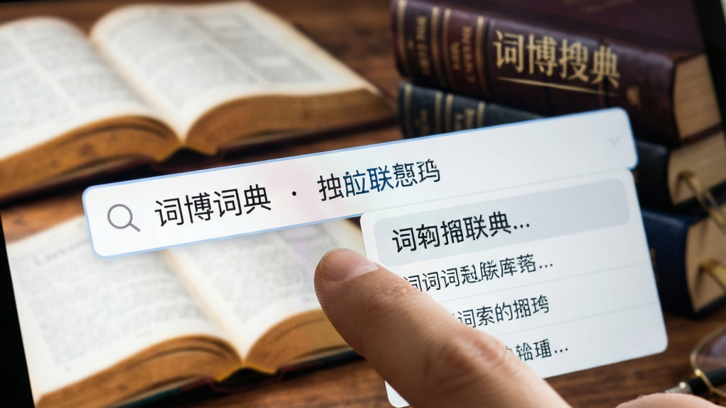 词博词典搜索功能特写,手指点击搜索框,屏幕上出现多个联想词汇下拉列表,背景为模糊的书籍和词典图案,强调智能联想与快速检索,界面明亮,细节丰富,画质清晰,无多余元素