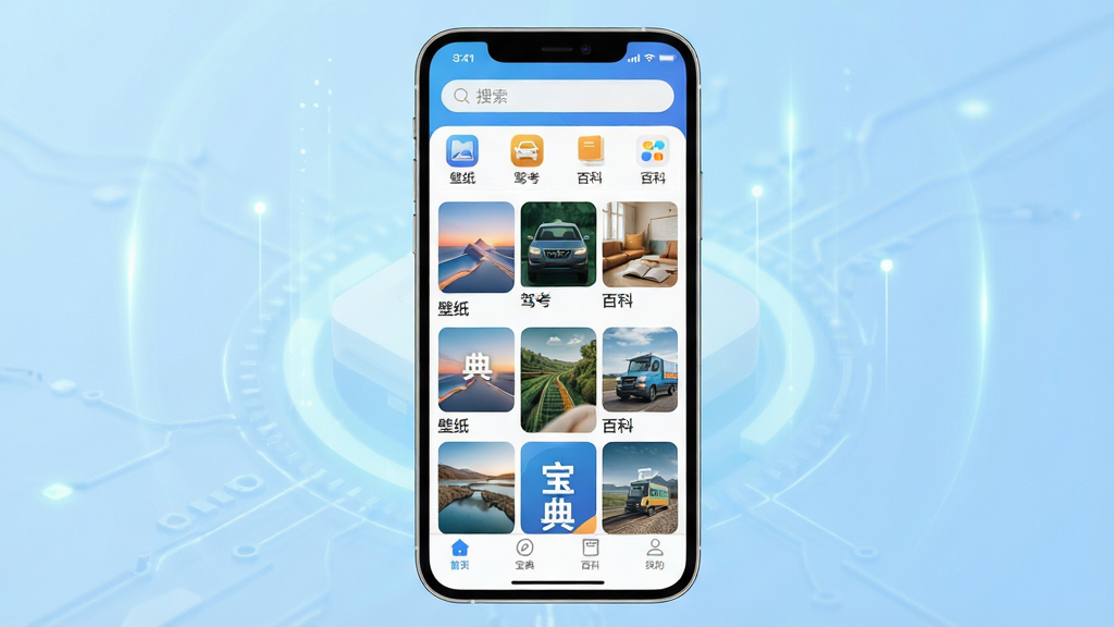 主体:宝典软件主界面展示,智能手机屏幕显示宝典应用首页,顶部有搜索栏和分类图标,中间是瀑布流图片墙,底部导航栏清晰。布局:采用居中构图,手机屏幕正面朝向观众,背景为渐变的淡蓝色科技感光效。排版:界面布局整洁,图标圆润,图片缩略图整齐排列,文字标签清晰可读。风格:现代扁平化设计,色彩明亮活泼,符合工具类App的视觉风格。细节:屏幕中显示“宝典”字样,并展示“壁纸”“驾考”“百科”等分类标签,画面干净无多余元素。画质:8K超高清,细节丰富,光影自然,整体渲染图质量极高。