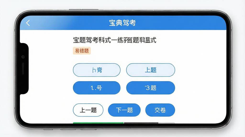主体:宝典学习模式界面,显示驾考科目一练习题页面。布局:屏幕上方显示题目内容,下方四个选项按钮,底部有“上一题”“下一题”“交卷”按钮。排版:文字清晰,选项按钮圆角设计,选中状态高亮显示。风格:教育类应用常见的简洁蓝色调,背景为纯白,视觉舒适。细节:屏幕顶部有“宝典驾考”字样,题目旁有“易错题”标签,底部有进度条显示答题进度,画面干净无多余元素。画质:高清渲染,文字边缘锐利,界面光影自然。