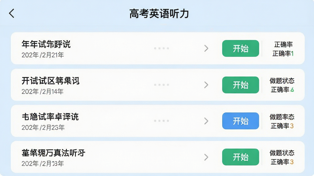 画面主体为“高考英语听力”应用内的真题列表界面,以列表形式展示不同年份和地区的试卷名称。背景为淡蓝色,界面设计简洁清晰。布局采用垂直排列,每行显示试卷标题、年份和做题状态。风格为干净的UI设计图,强调功能性和清晰度。细节上,列表项右侧有开始按钮和正确率显示。画质高清,界面元素排列整齐,无多余装饰。