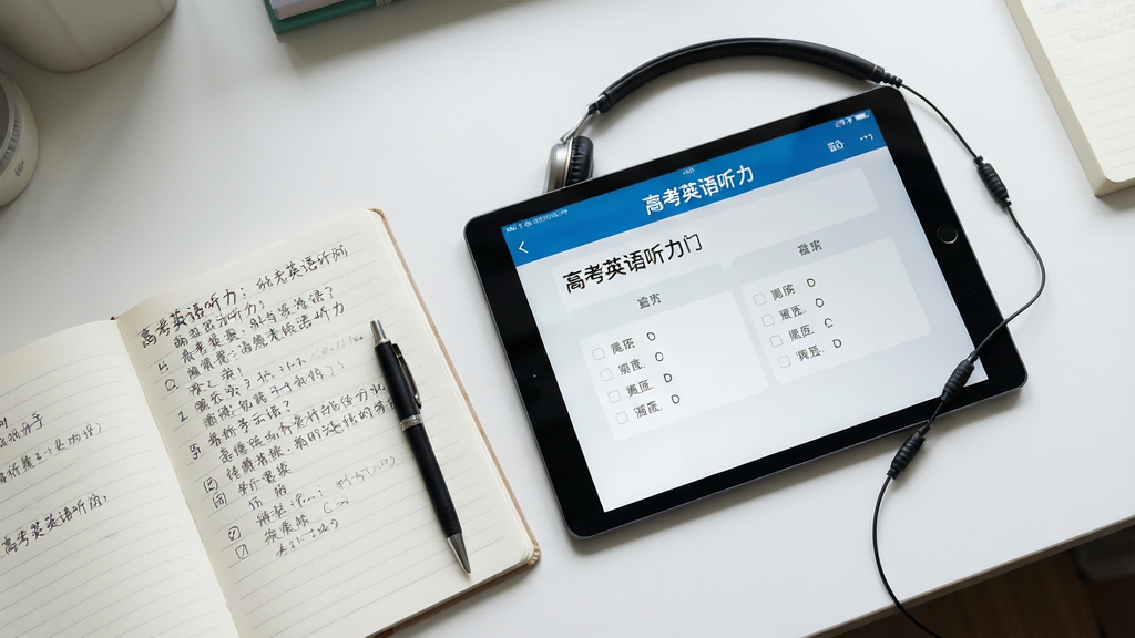 画面主体为一张书桌,桌面上摆放着平板电脑,平板屏幕上显示着“高考英语听力”应用的答题界面,并配有耳机。平板的旁边放着一本打开的笔记本和一支笔。整体布局为俯视角度,桌面物品摆放有序。风格为写实摄影风,光线柔和自然。细节上,笔记本上写有听力笔记,平板屏幕上显示着题目和选项。画质清晰,场景干净无杂物,体现出专注学习的状态。