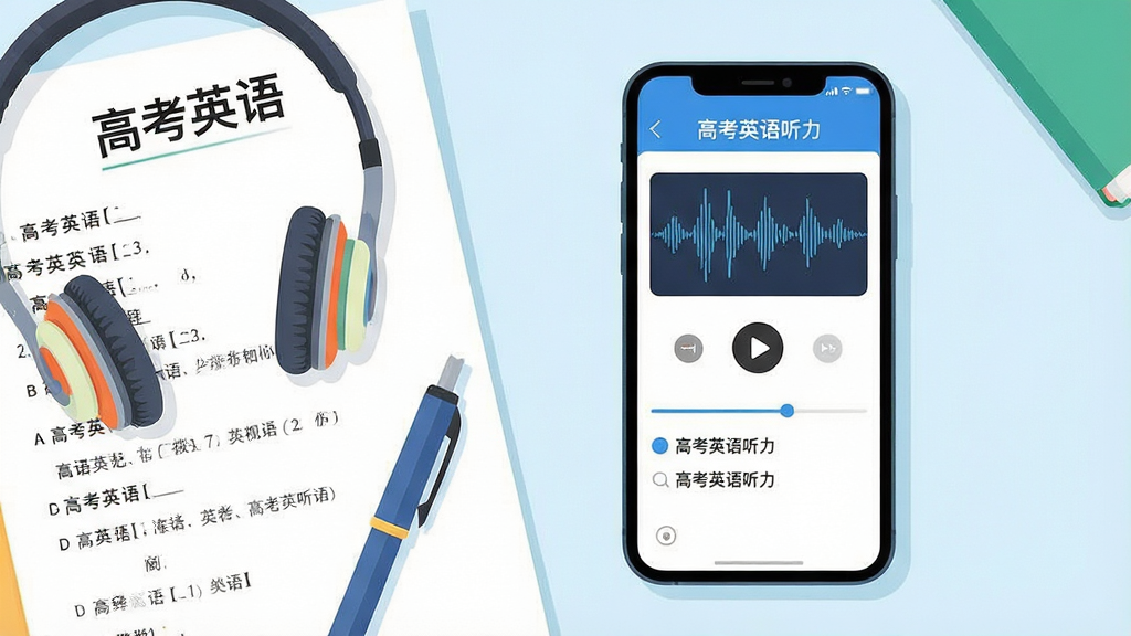 画面主体为一部正在播放听力题目的智能手机,屏幕上清晰显示着“高考英语听力”的应用界面,界面中有波形图和题目选项。手机旁边摆放着高考英语模拟试卷、耳机和一支笔。整体布局为平视视角,手机位于画面中央偏右。排版风格简洁明了,突出应用界面。风格为现代扁平插画风,色彩明快。细节上,手机屏幕内的播放按钮和进度条清晰可见,试卷上印有“高考英语”字样。画质高清、干净,无多余元素。