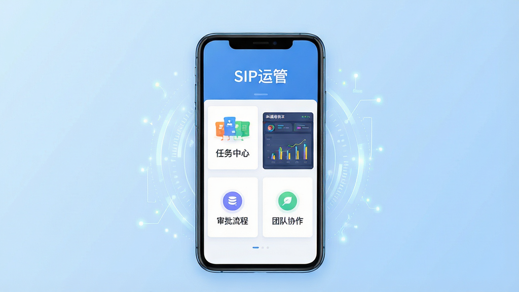一幅展示SIP运管软件主界面的高清数字插画,画面中央是一部智能手机,屏幕中清晰显示“SIP运管”的欢迎页面,界面包含彩色图标的任务中心、数据看板、审批流程和团队协作模块,背景为浅蓝色渐变,整体风格现代简约,扁平化设计,画面干净明亮,突出软件的专业与易用性,手机周围有细微的科技光效,无多余文字干扰,画质细腻高清。