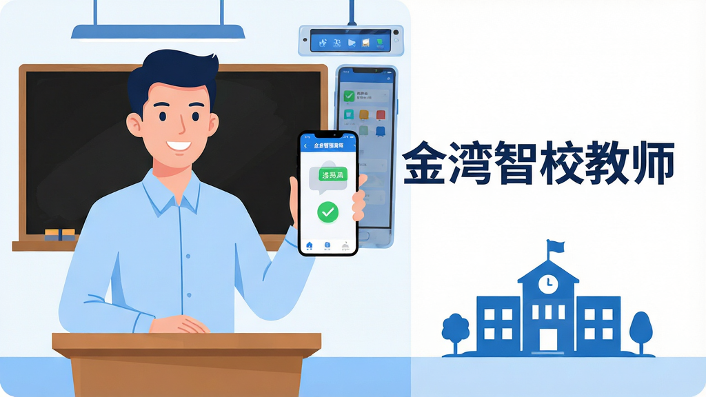 主体:一位穿衬衫的男教师站在现代智慧教室讲台前,手持手机展示“金湾智校教师”APP界面,屏幕上显示打卡成功与通知图标。布局:教师居左,右侧留白放置软件名称文字“金湾智校教师”,下方配有简洁的校园剪影。排版:居中构图,标题醒目,软件界面清晰可见。风格:扁平化插画风,色彩明亮清新,蓝色与白色为主色调。细节:教师面带微笑,手机屏幕有绿色对勾,背景有黑板和电子班牌。画质:4k,高清,干净,无多余元素。