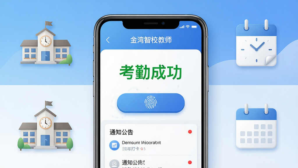 主体:一部智能手机屏幕放大展示“金湾智校教师”考勤打卡界面,上方显示“考勤成功”绿色字体,下方有“通知公告”列表。布局:手机位于画面中央,四周环绕学校建筑、时钟、日历图标。排版:中心对称,信息层级分明。风格:拟物化与扁平结合,色调为蓝白渐变,清新专业。细节:打卡按钮有指纹图标,通知列表有红点未读标记。画质:高清渲染,干净,无多余元素。