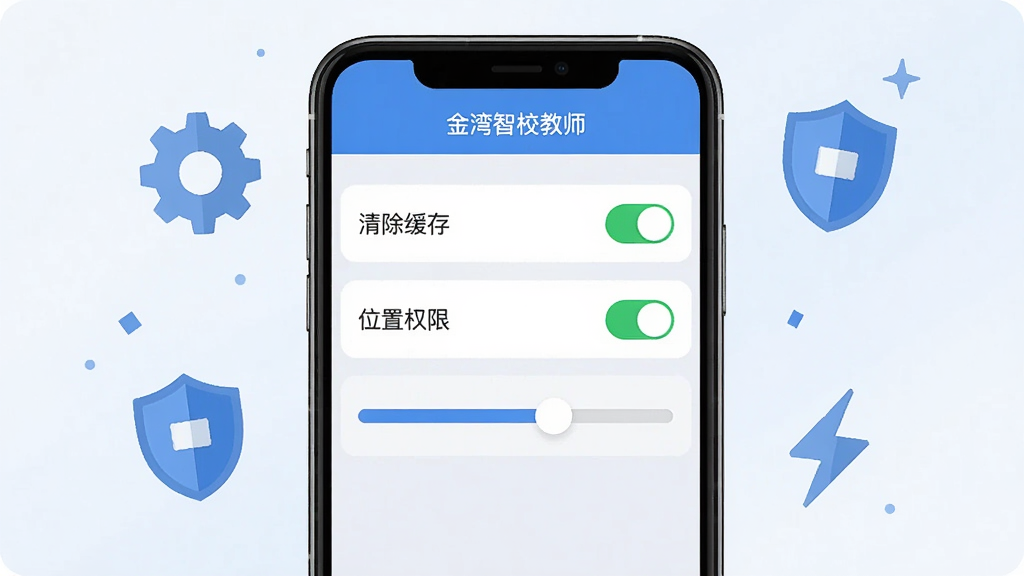 主体:一部手机屏幕显示“金湾智校教师”设置页面,包含“清除缓存”、“通知权限”、“位置权限”选项。布局:手机居中,周围有齿轮、盾牌、闪电图标。排版:界面列表清晰,滑动条明显。风格:扁平化,浅色背景,蓝色点缀。细节:每个选项右侧有开关按钮,其中一个开关为绿色开启状态。画质:高清,干净,无多余元素。