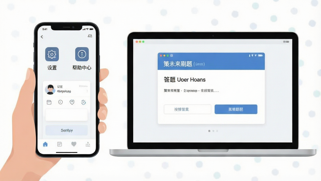 一张图示展示用户使用手机或电脑进行策未来刷题,屏幕上显示答题界面,旁边有“设置”、“帮助中心”等图标,整体风格简洁,画质干净,无多余元素