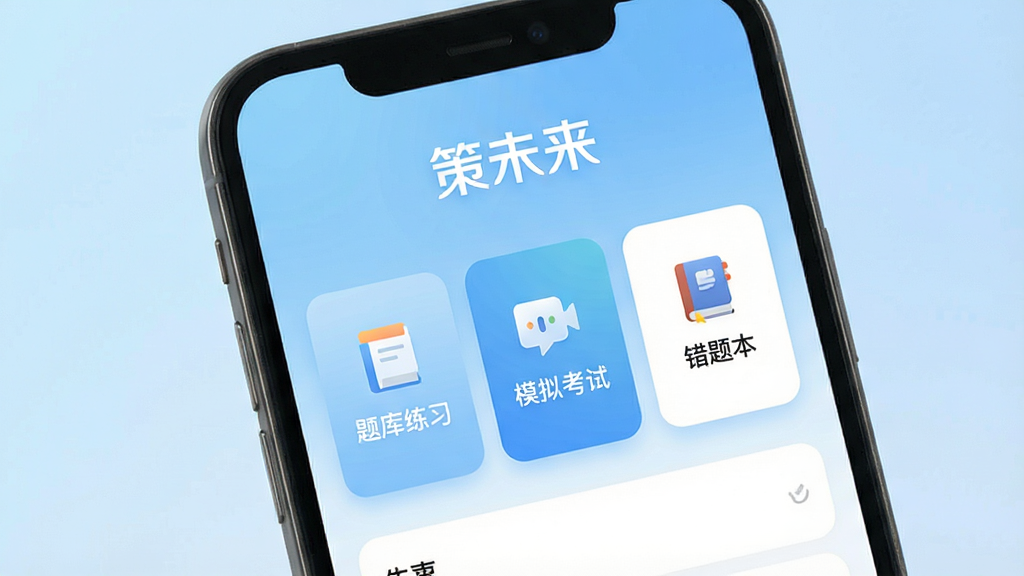一张智能手机屏幕展示策未来App主界面,界面顶部显示“策未来”品牌字样,下方排列着“题库练习”、“模拟考试”、“错题本”等功能卡片,背景为浅蓝色渐变,整体风格简洁现代,排版清晰,画质干净,无多余元素