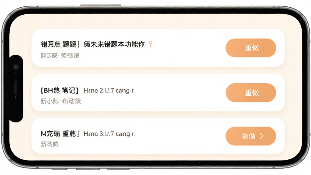 手机界面展示策未来错题本功能,列表中包含错题题目、我的笔记、重做按钮,背景为暖白色,卡片式设计,圆角边框,整体风格柔和,画质清晰,无多余元素