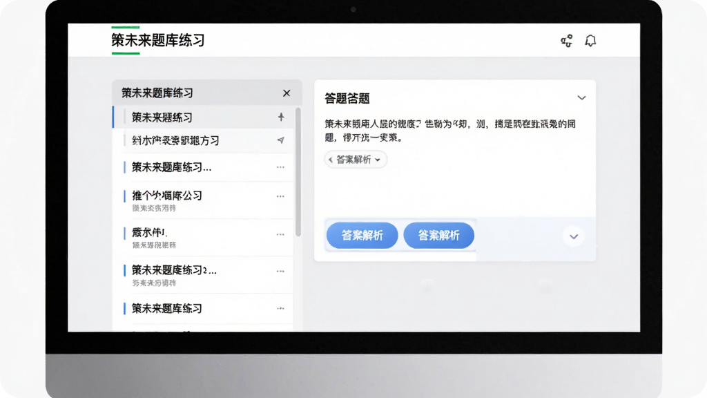 电脑屏幕显示策未来题库练习页面,左侧为题目列表,右侧为答题区域,题目下方标注“答案解析”按钮,背景为淡灰色,整体布局规整,风格专业,画质细腻,无多余元素