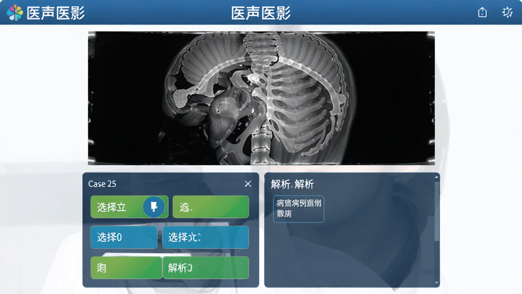 主体为互动病例教学界面,布局为顶部病例影像图,下方为选择题选项与解析区域,风格教育软件风格,细节上显示病例编号“Case 25”,选项按钮醒目,画质干净,无多余元素,界面顶部有“医声医影”品牌标识。