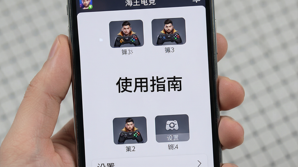 展示手机屏幕上的海王电竞应用界面,画面中央显示“使用指南”四个字,周围有操作步骤图标和设置选项,背景为浅灰色,风格简洁清晰,布局规整,细节丰富,画质干净,无多余元素。