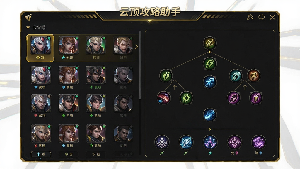 云顶攻略助手实时阵容推荐功能预览图,画面展示应用内一个阵容详情页面,左侧为棋子头像列表,右侧为装备合成树与羁绊图标,顶部有“云顶攻略助手”字样,整体采用暗色主题,金色高亮边框,布局清晰,排版规整,风格科技感,细节精细,画质干净,无多余元素。