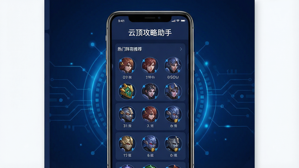一幅展示云顶攻略助手应用界面的高清概念图,画面中央是一部智能手机,屏幕内显示该应用的首页,包含“云顶攻略助手”文字标题、热门阵容推荐列表和清晰的棋子图标,背景为深蓝色科技感光效,布局整洁,排版专业,风格现代扁平,细节丰富,画质干净,无多余元素。
