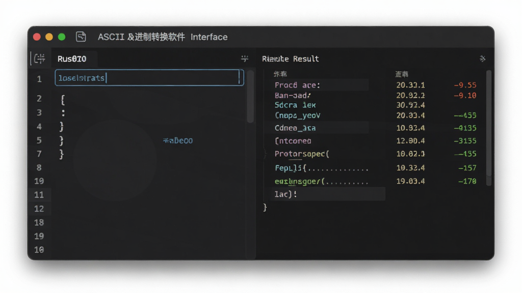 ASCII及进制转换软件主界面预览图,现代简洁风格,左侧输入框右侧实时结果展示区,深色代码编辑器风格,排版规整,细节清晰,画质干净,无多余元素
