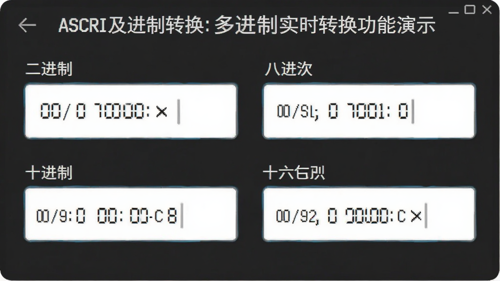 ASCII及进制转换多进制实时转换功能演示图,界面上四个输入框分别标注二进制、八进制、十进制、十六进制,数字同步联动,扁平化设计,排版清晰,画质干净,无多余元素