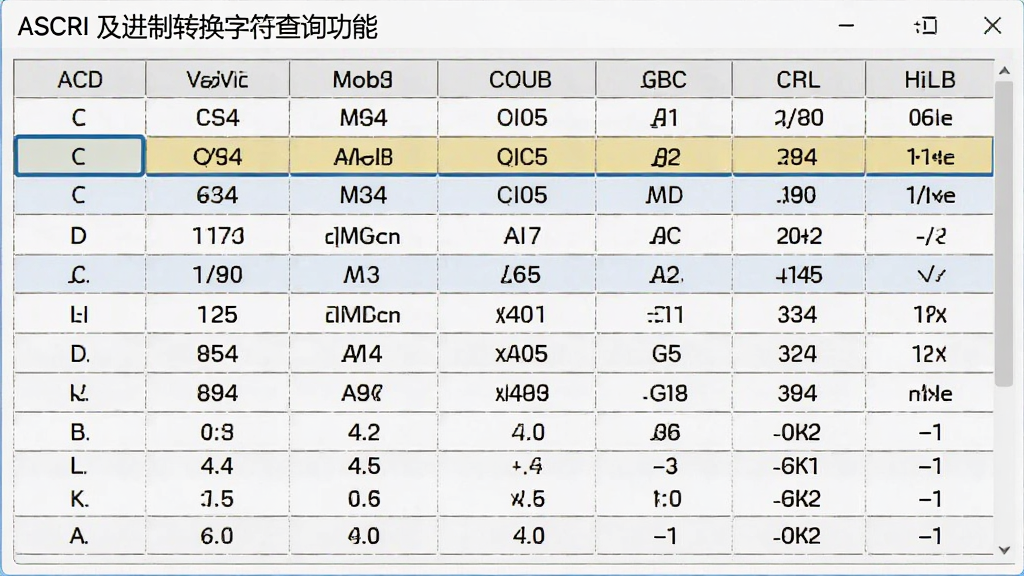 ASCII及进制转换字符查询功能界面,表格形式展示字符与编码对照,高亮显示当前选中项,界面清爽,排版整齐,细节饱满,画质干净,无多余元素