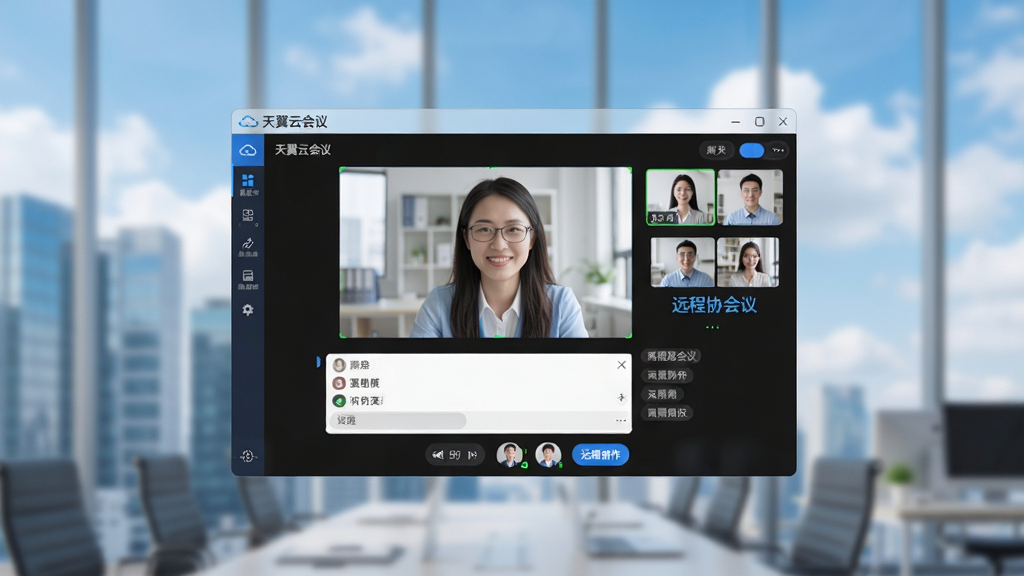 画面主体为“天翼云会议”软件界面悬浮于现代办公场景之上,界面显示视频会议窗口、参会人头像、聊天框及功能按钮,背景为模糊的写字楼与蓝天白云。布局采用居中构图,界面细节清晰,风格写实且明亮,突出“高清视频会议”与“远程协作”主题。画质细腻干净,无多余元素。