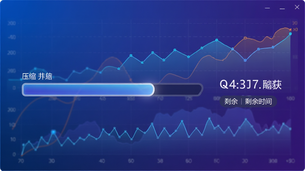 飞压软件速度测试界面,显示压缩进度条快速前进,旁边有实时速度数字和剩余时间,背景为动态性能图表,风格科技感,蓝紫色调,清晰明亮,高画质,无多余元素