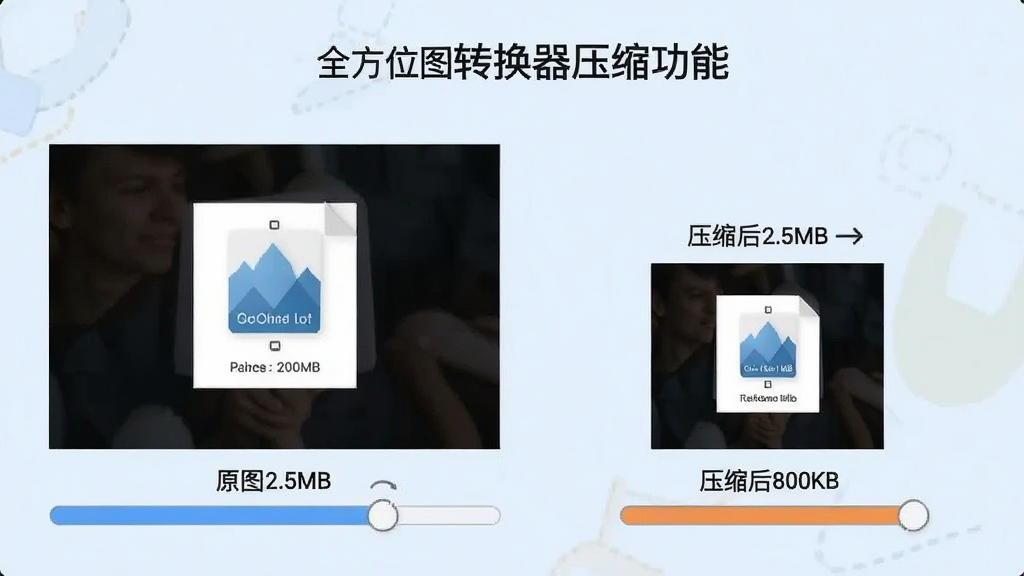 一张展示全方位图片转换器压缩功能的界面截图,图中显示压缩前后文件大小对比,左侧为原图大小2.5MB,右侧为压缩后800KB,背景为淡蓝色,界面清爽,画质干净,无多余元素