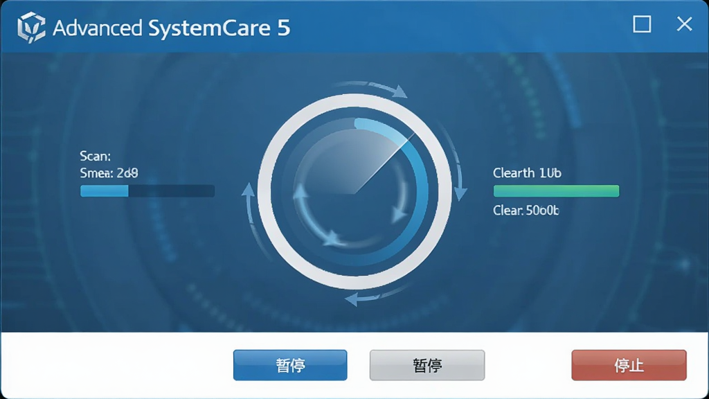 一张电脑屏幕展示Advanced SystemCare 5进行系统扫描的界面,界面中央有一个转动的圆形扫描动画,周围显示扫描进度和已清理的文件数量,屏幕下方有“暂停”和“停止”按钮,整体色调为蓝色和白色,风格简洁,科技感强,画质清晰,无多余元素