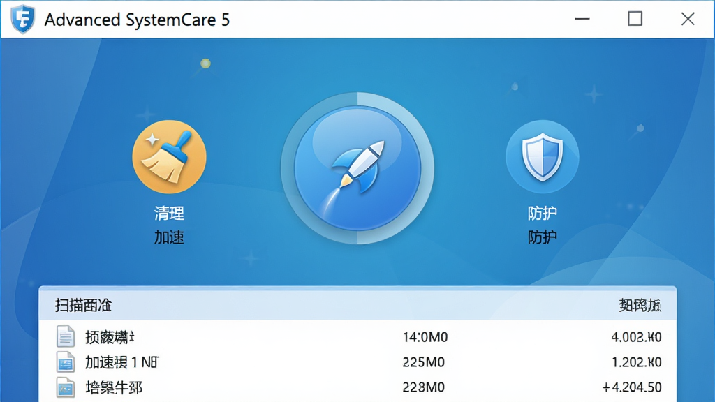 展示Advanced SystemCare 5软件运行界面的高清截图,界面采用蓝色渐变背景,左上角显示软件名称“Advanced SystemCare 5”,中央区域有一个圆形扫描按钮,按钮周围分布着“清理”、“加速”、“防护”三个图标,下方列表显示扫描出的垃圾文件类别和大小,整体布局清爽,UI设计现代,色彩鲜明,画质清晰,无多余元素