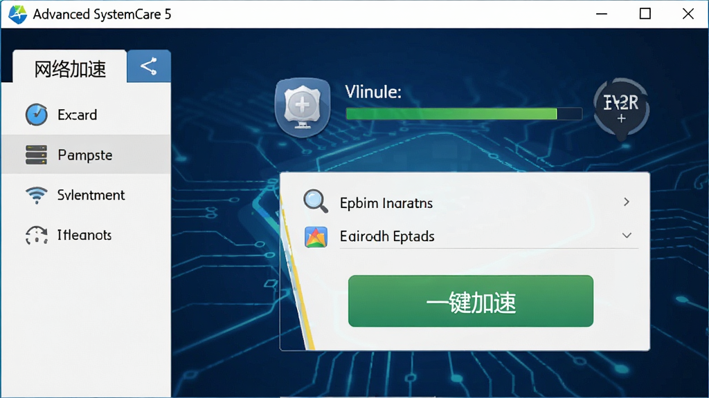 一张展示Advanced SystemCare 5网络加速功能的界面截图,界面左侧有“网络加速”选项卡,右侧显示当前网络状态和加速建议列表,背景为深蓝色科技感线条,图标设计简洁,突出“一键加速”按钮,整体风格专业,色彩协调,画质清晰,无多余元素