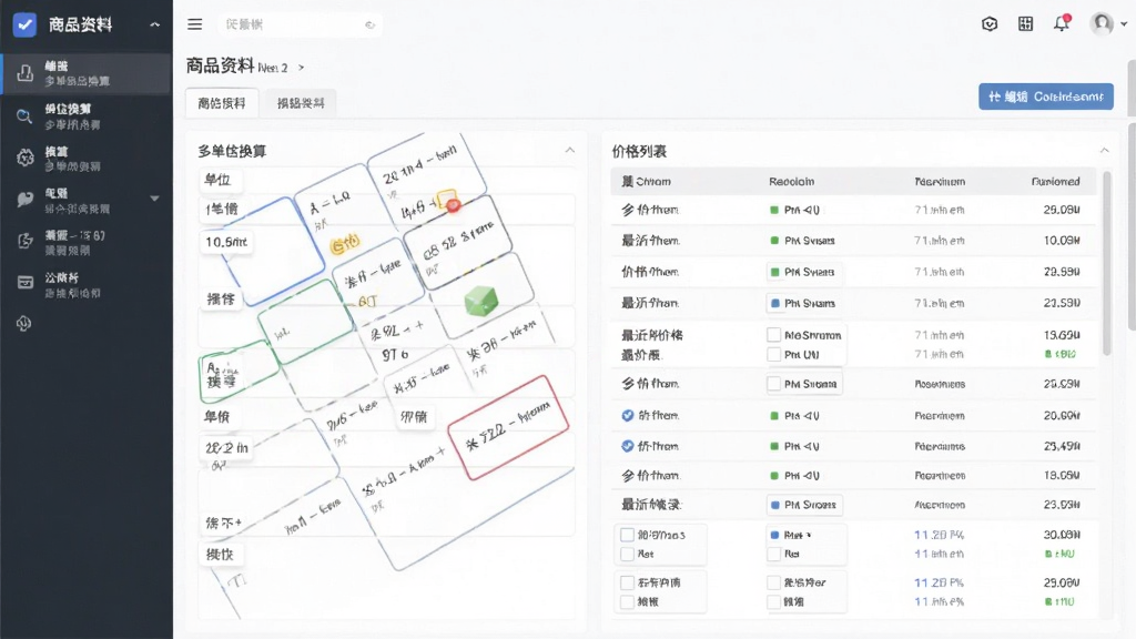 主体为软件中商品资料编辑界面,展示多单位换算区域与价格列表,布局规整。风格为清爽商务风,细节包含单位换算公式与最近价格记录,画质清晰,无多余元素。