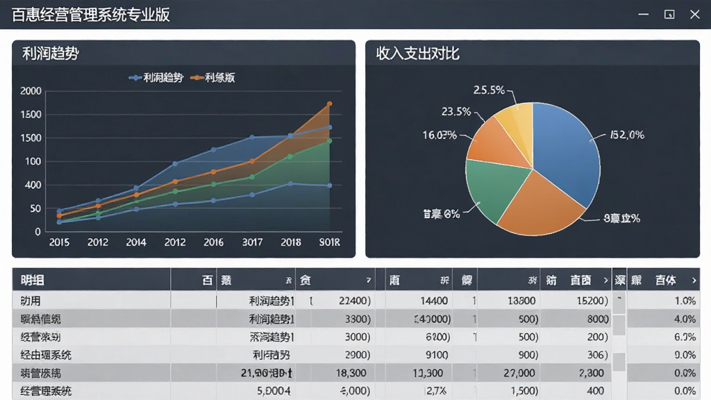 百惠经营管理系统专业版的财务报表界面,显示利润趋势图、收入支出对比饼图,下方为明细表格,整体设计商务风格,色彩稳重,图表数据清晰,画质高,无多余元素