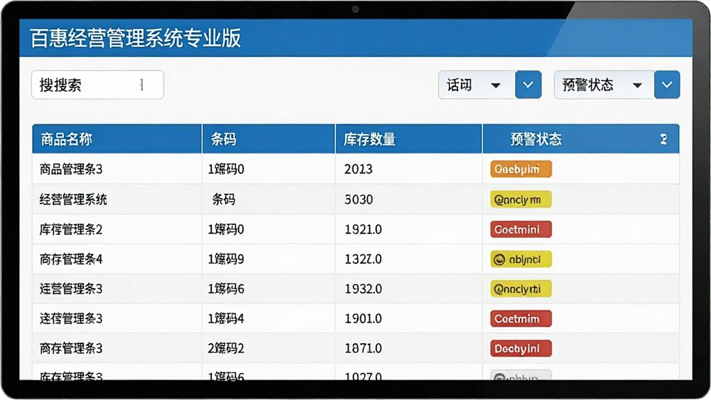 百惠经营管理系统专业版的库存管理界面,表格展示商品名称、条码、库存数量、预警状态,顶部有搜索和筛选按钮,界面清爽,数据排列整齐,蓝白配色,画质干净,无多余元素