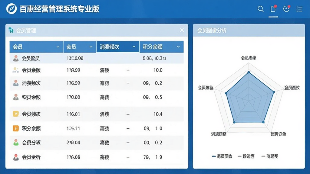百惠经营管理系统专业版的会员管理页面,展示会员列表、消费频次、积分余额,右侧有会员画像分析雷达图,界面简洁,蓝色主题,数据可视化清晰,画质干净