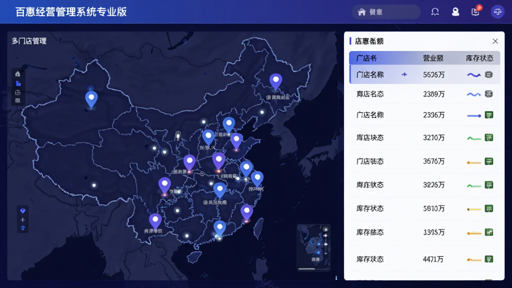 百惠经营管理系统专业版的多门店管理界面,地图上显示各分店位置,右侧列表展示门店名称、营业额、库存状态,整体科技感强,蓝紫色调,界面干净,画质清晰