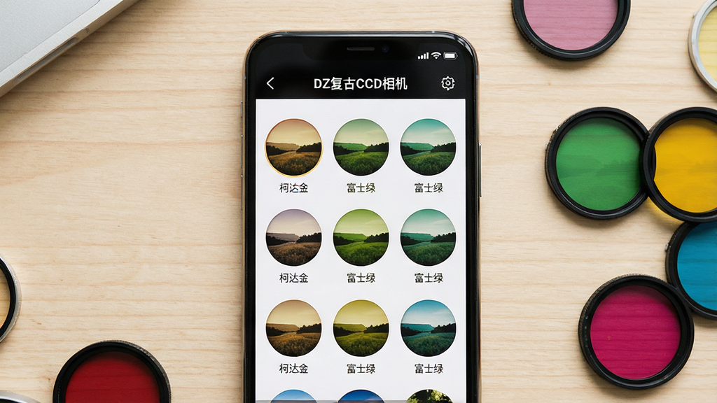 主体:智能手机屏幕展示DZ复古CCD相机的滤镜选择界面,界面上排列着多个圆形滤镜缩略图,每个缩略图显示不同色调的风景照片。布局:手机竖屏居中,背景为浅色木纹桌面,旁边散落几枚彩色滤镜片。排版:滤镜缩略图呈网格状分布,界面顶部有“DZ复古CCD相机”字样。风格:清新简洁,色彩丰富。细节:每个滤镜缩略图下方有滤镜名称,如“柯达金”、“富士绿”,整体UI具有复古相机的机械感。画质:高清,干净,无多余元素。